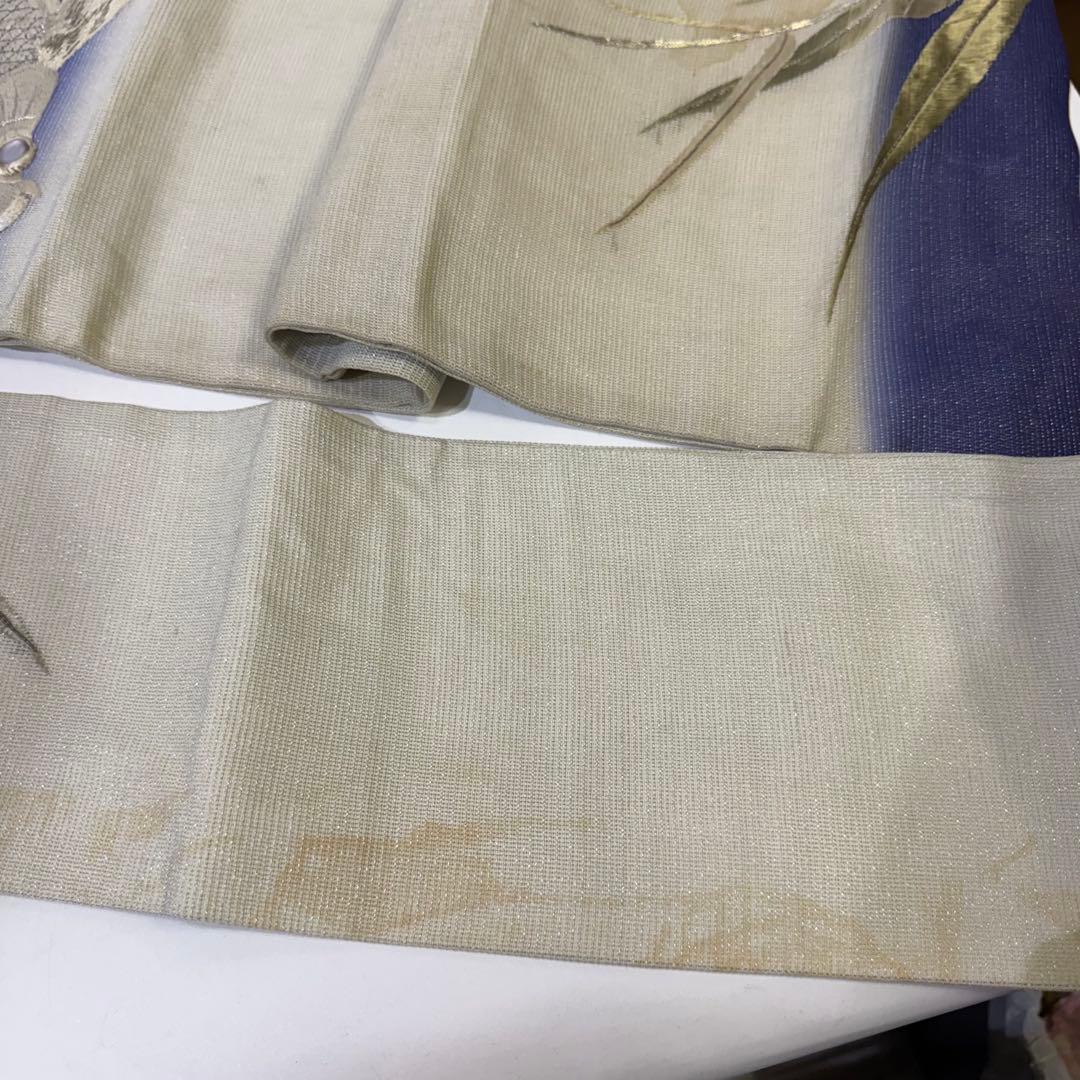 R*a様 鯉　刺繍帯　名古屋帯 紺色　夏帯　螺鈿　貝　白銀　笹　希少