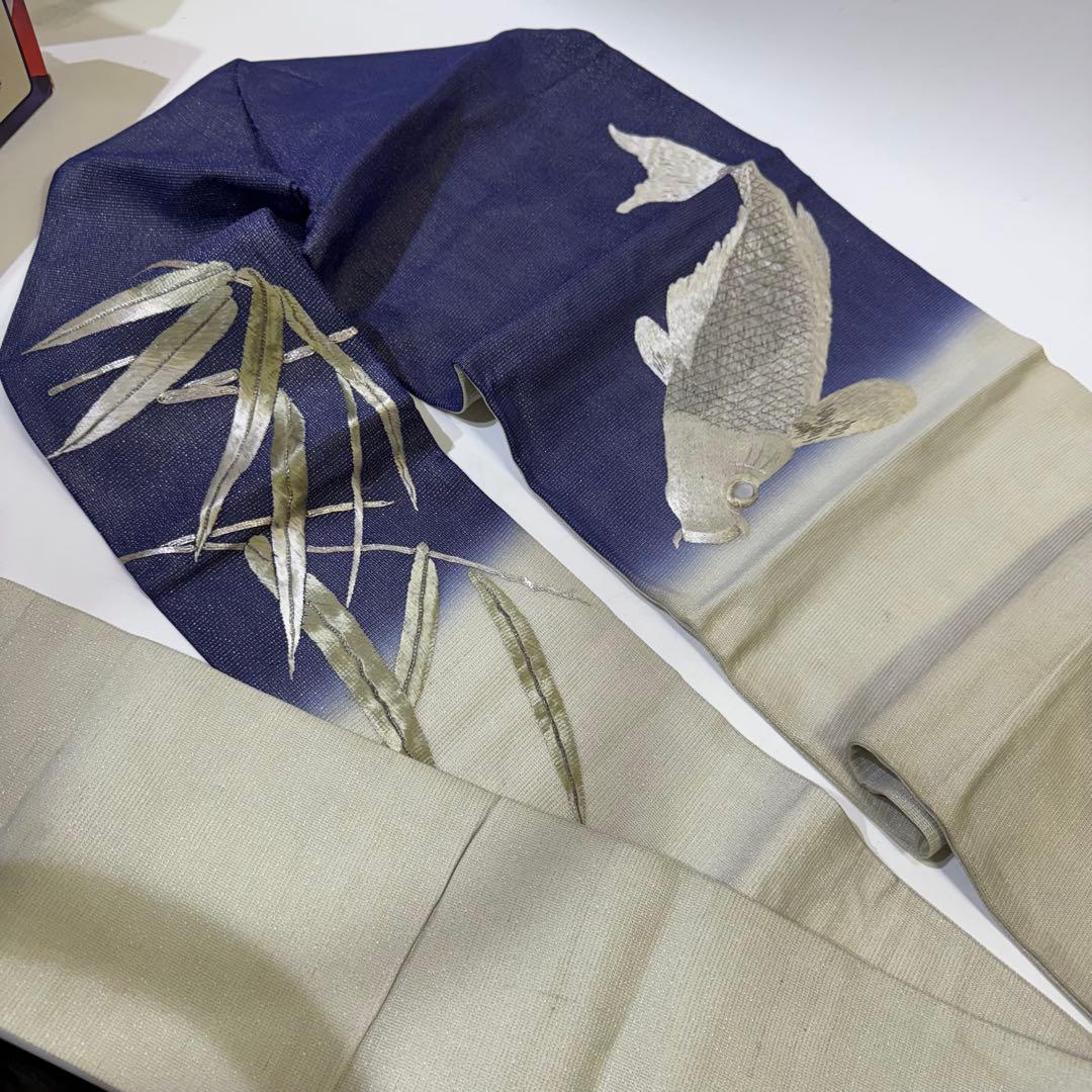 R*a様 鯉　刺繍帯　名古屋帯 紺色　夏帯　螺鈿　貝　白銀　笹　希少