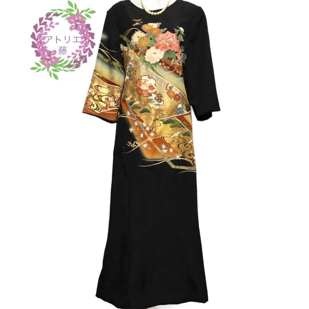 結婚式に！着物リメイク　正絹留袖ドレス　ロングワンピース　「雪輪に牡丹」Bタイプ