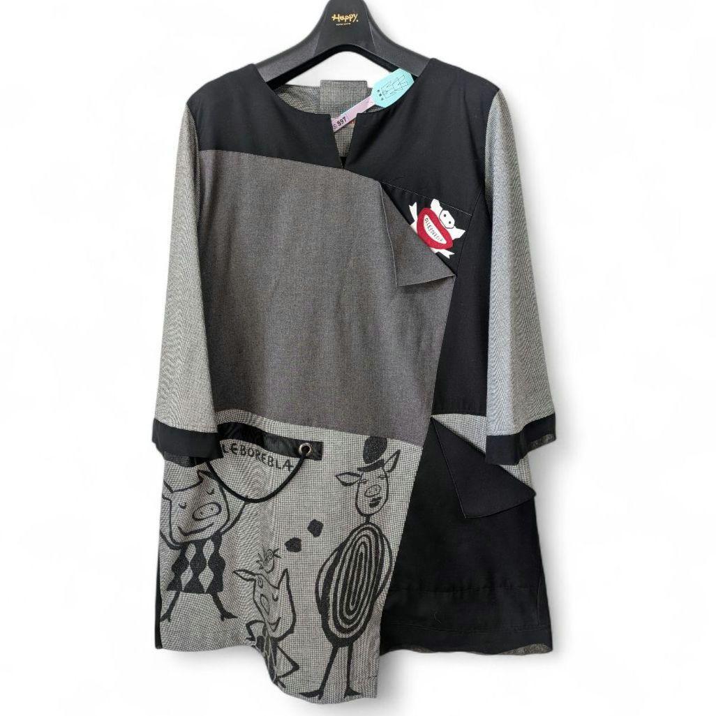 アルベロベロ♥️ぶたさんアートプリント五分袖チュニック グレー・ブラック