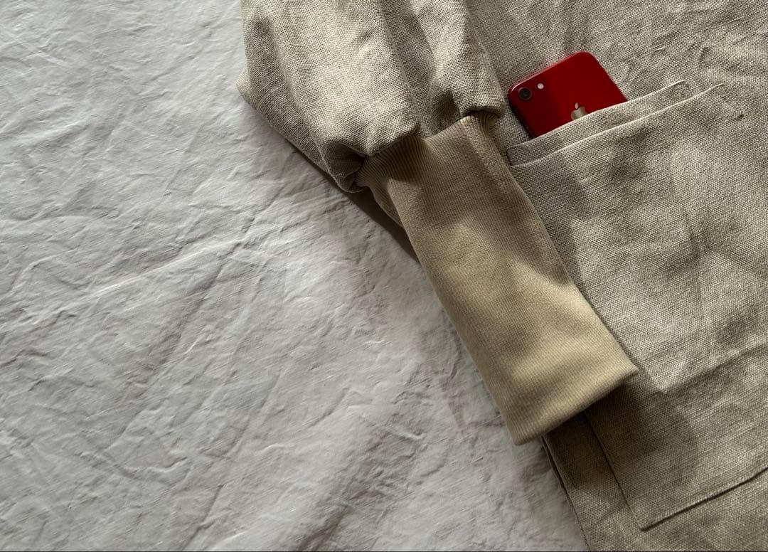 【さくらページlinen】しっかりめ 亜麻色＊リブ袖口ゆったり割烹着ワンピ