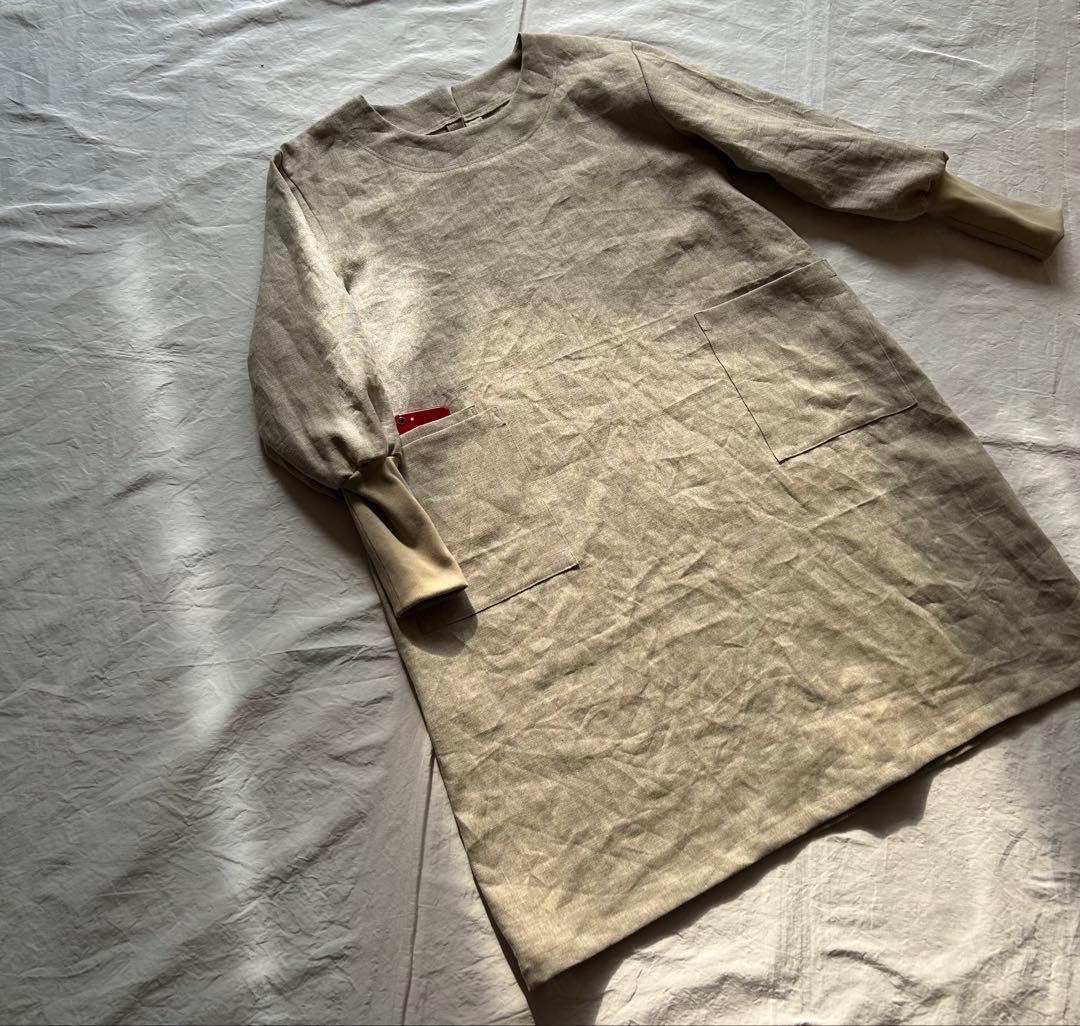 【さくらページlinen】しっかりめ 亜麻色＊リブ袖口ゆったり割烹着ワンピ