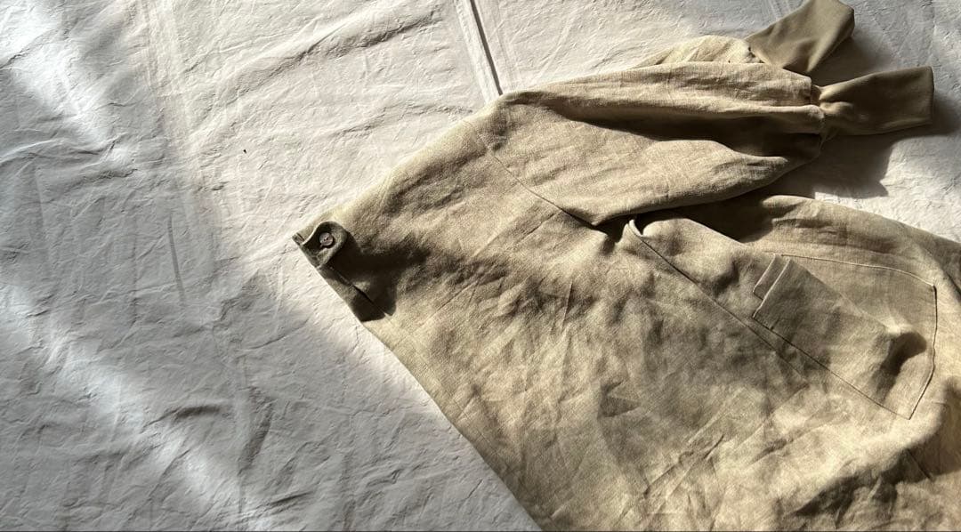 【さくらページlinen】しっかりめ 亜麻色＊リブ袖口ゆったり割烹着ワンピ