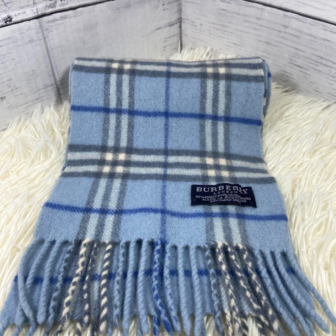 BURBERRY バーバリー ノバチェックマフラー カシミヤ混 ライトブルー