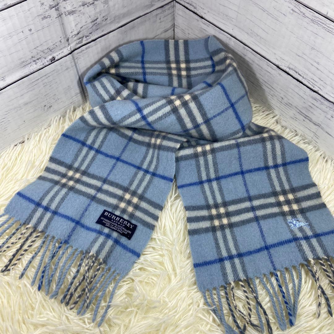 BURBERRY バーバリー ノバチェックマフラー カシミヤ混 ライトブルー
