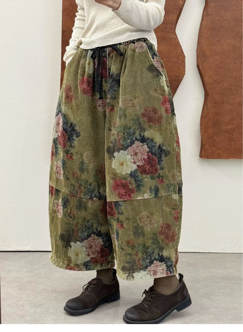 Tataナチュラル綿レディースベルベット中綿パンツ赤色緑２点セット