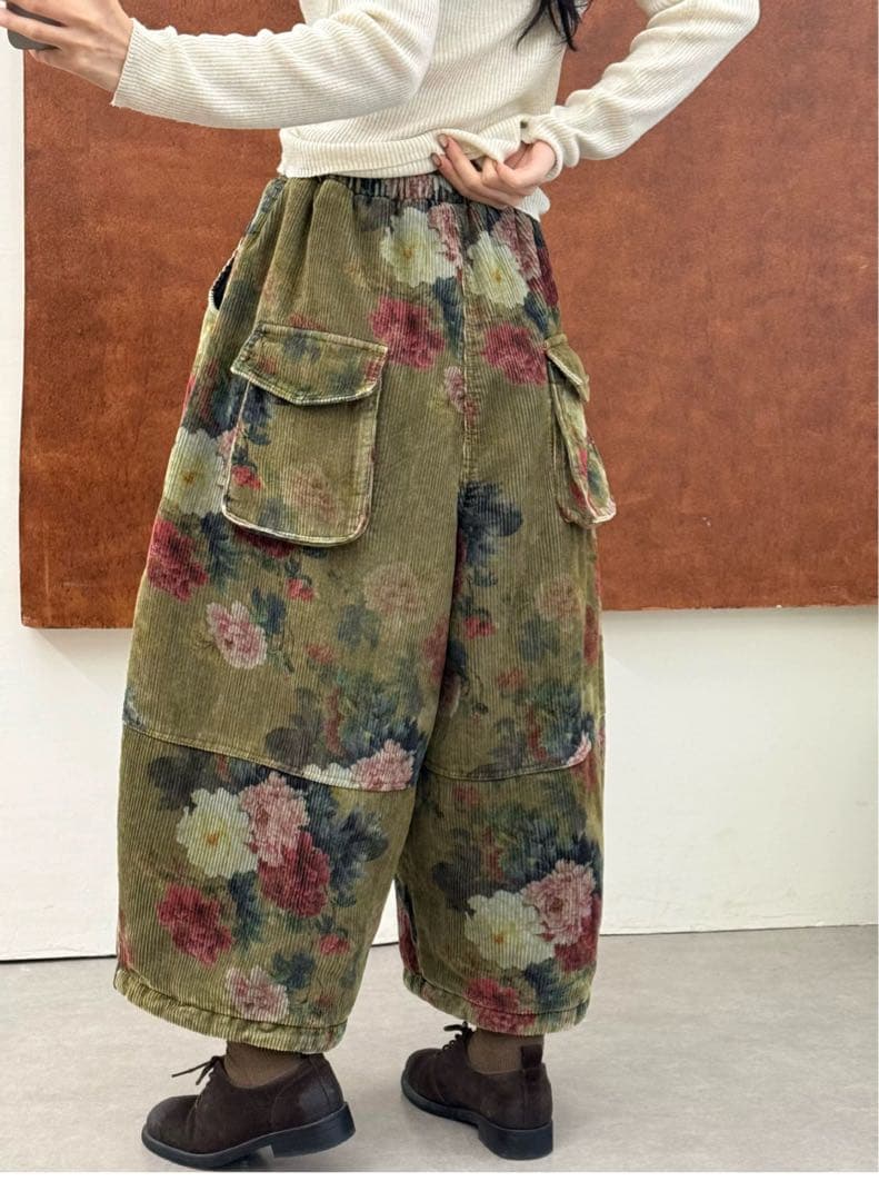 Tataナチュラル綿レディースベルベット中綿パンツ赤色緑２点セット