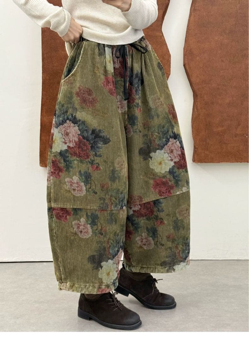 Tataナチュラル綿レディースベルベット中綿パンツ赤色緑２点セット