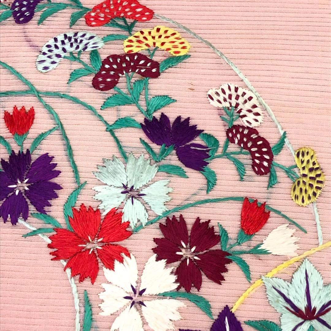 アンティーク帯 夏帯 名古屋帯 絽 地紙に花柄模様 刺繍 AO-3115
