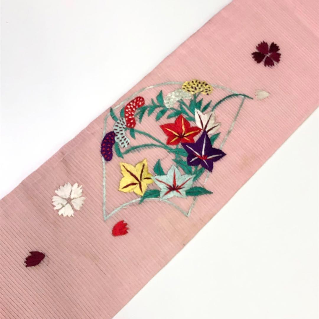 アンティーク帯 夏帯 名古屋帯 絽 地紙に花柄模様 刺繍 AO-3115
