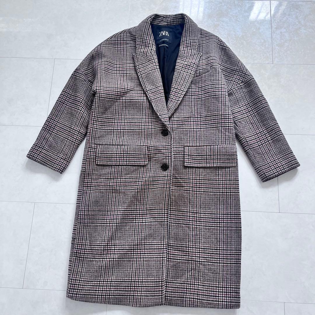 試着のみ ZARA チェスターコート Ｌサイズ チェック オーバーサイズ ロング