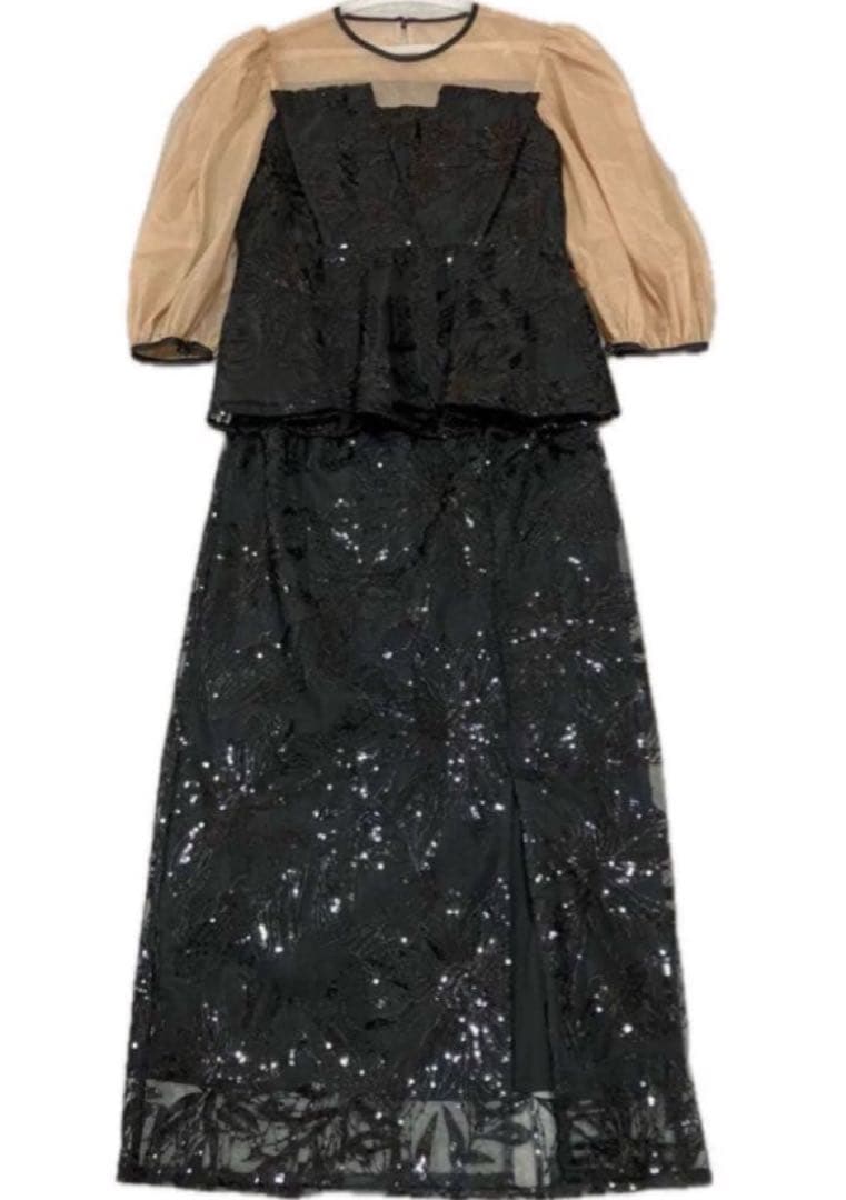 シアーパフスリーブペプラムスパンコール花柄Leja サイズS