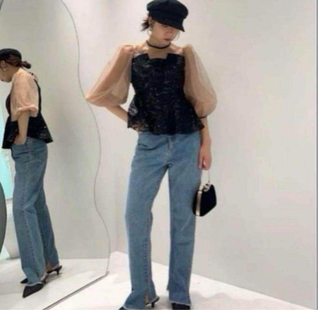 シアーパフスリーブペプラムスパンコール花柄Leja サイズS