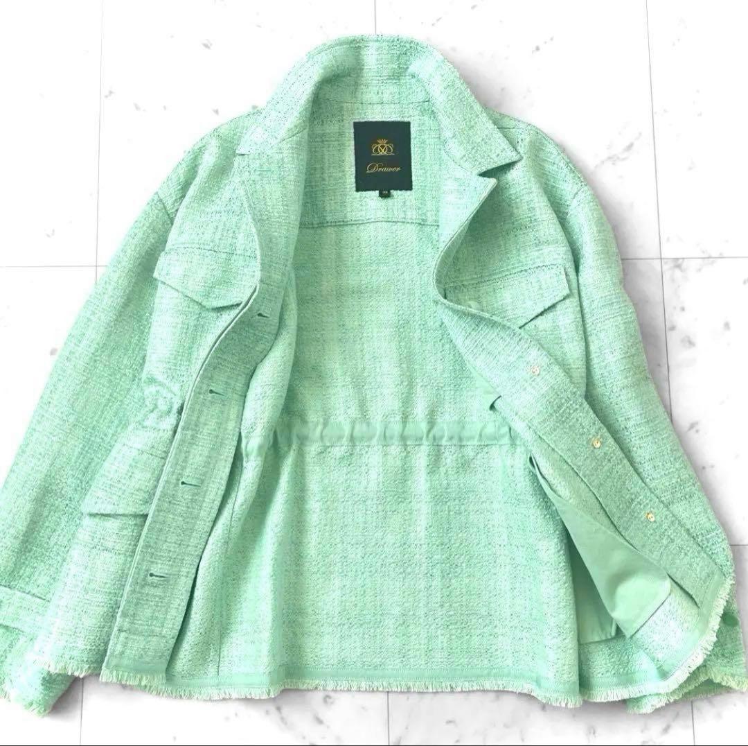 新品同様 ドゥロワー コットンツイード 比翼ジャケット ブルゾン ミントグリーン