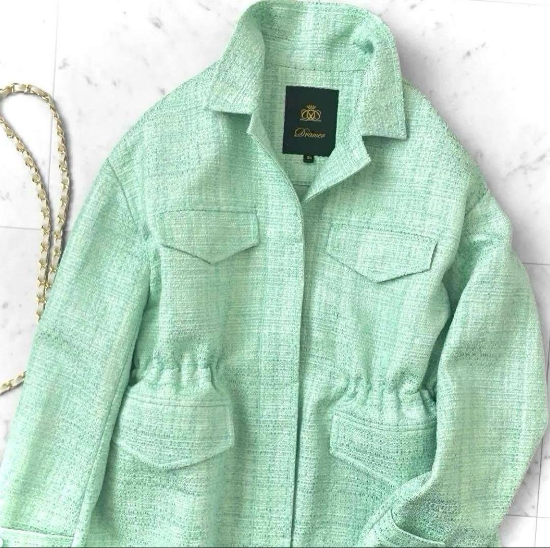 新品同様 ドゥロワー コットンツイード 比翼ジャケット ブルゾン ミントグリーン