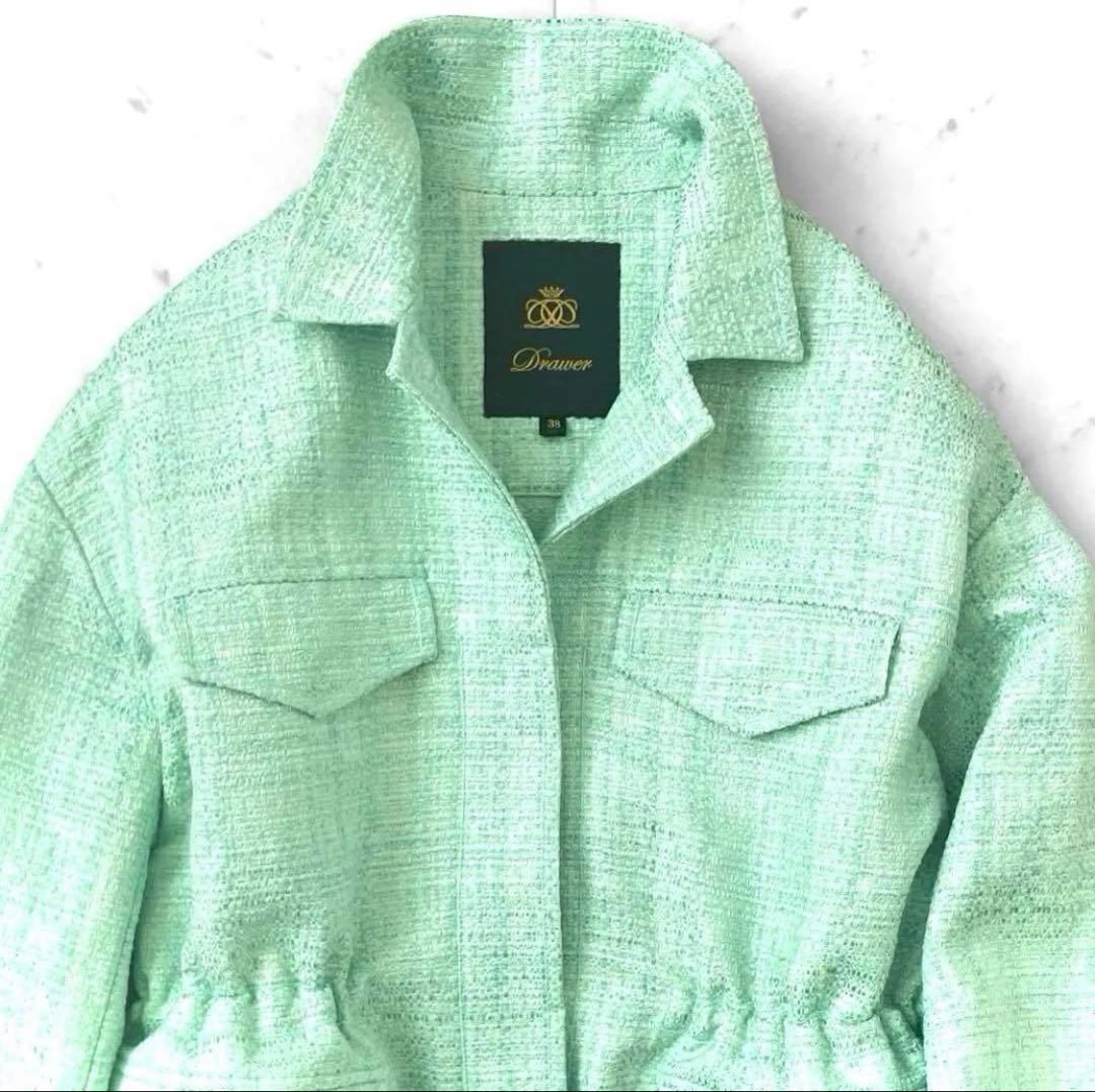 新品同様 ドゥロワー コットンツイード 比翼ジャケット ブルゾン ミントグリーン