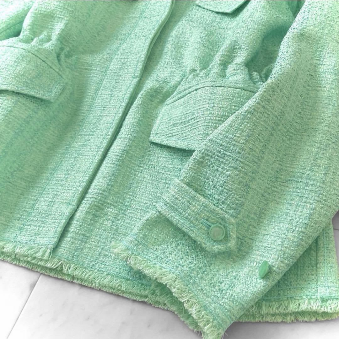 新品同様 ドゥロワー コットンツイード 比翼ジャケット ブルゾン ミントグリーン