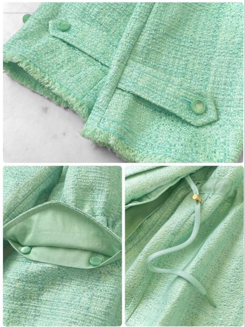 新品同様 ドゥロワー コットンツイード 比翼ジャケット ブルゾン ミントグリーン