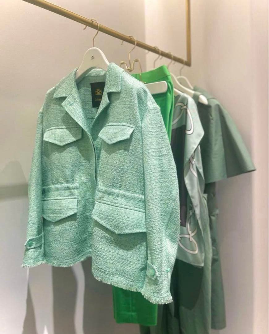 新品同様 ドゥロワー コットンツイード 比翼ジャケット ブルゾン ミントグリーン