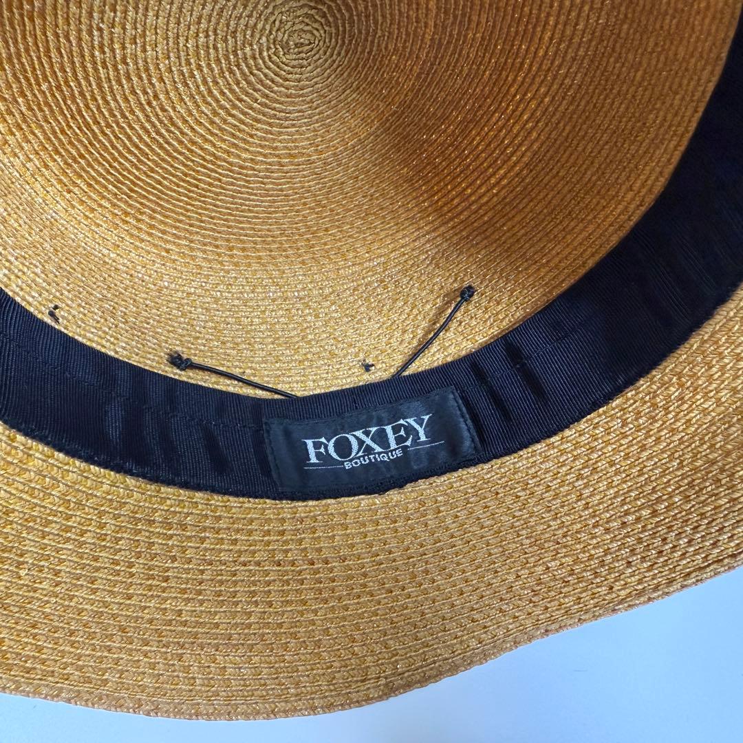 FOXEY フォクシー　麦わら帽子　帽子　黒リボン　ベージュ　リボン