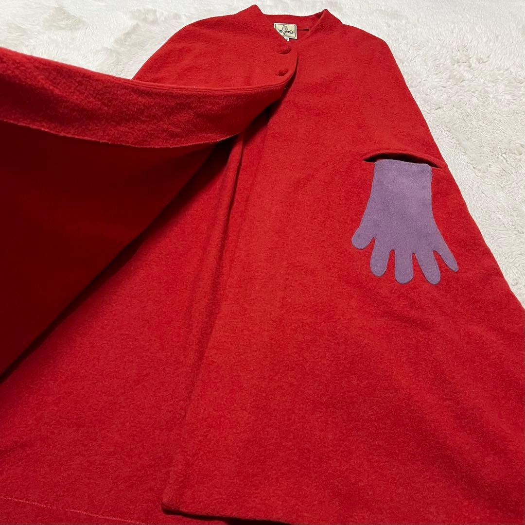 美品　ホコモモラ　マント　ケープ　ポンチョ　ロング　コート　手袋　ノーカラー　赤