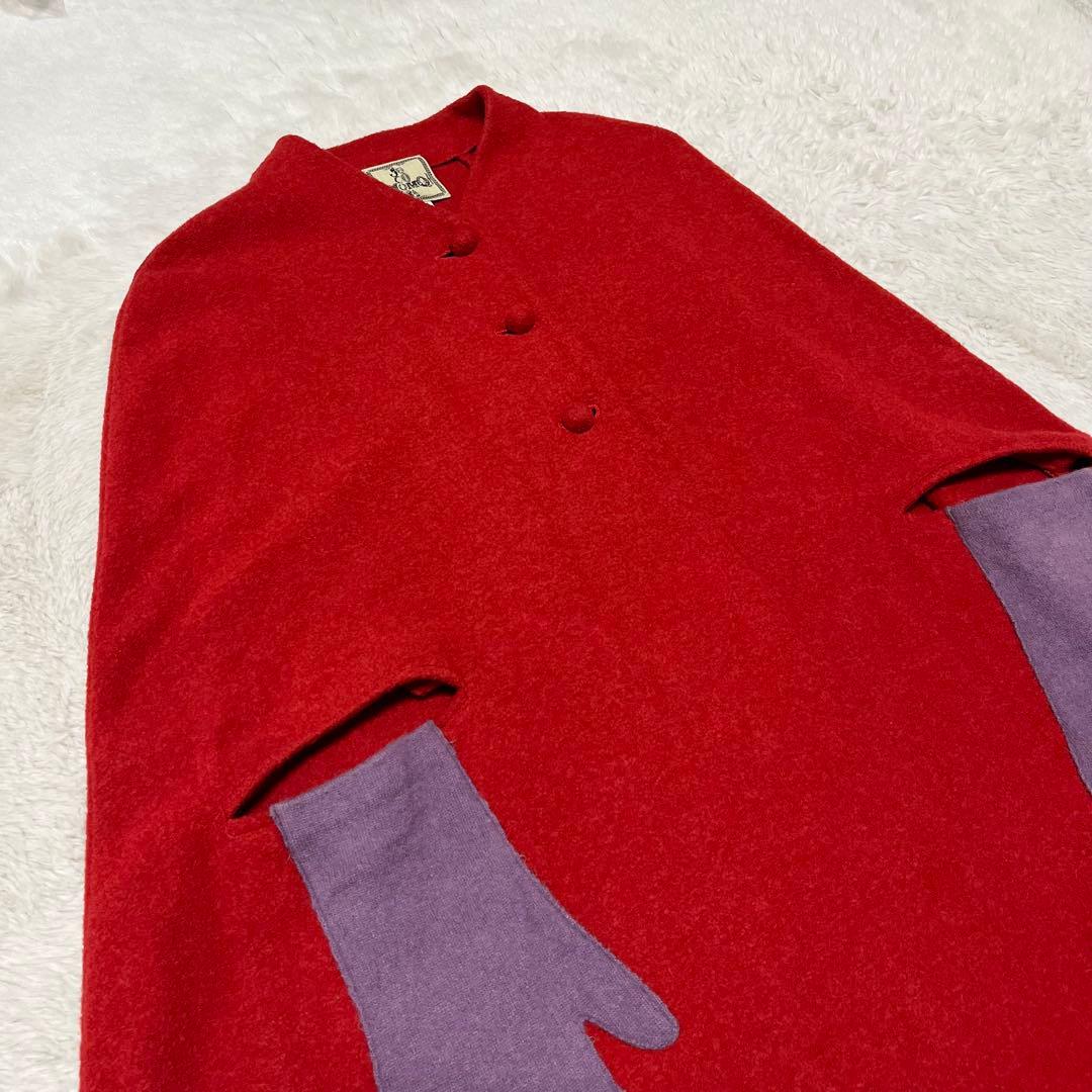 美品　ホコモモラ　マント　ケープ　ポンチョ　ロング　コート　手袋　ノーカラー　赤