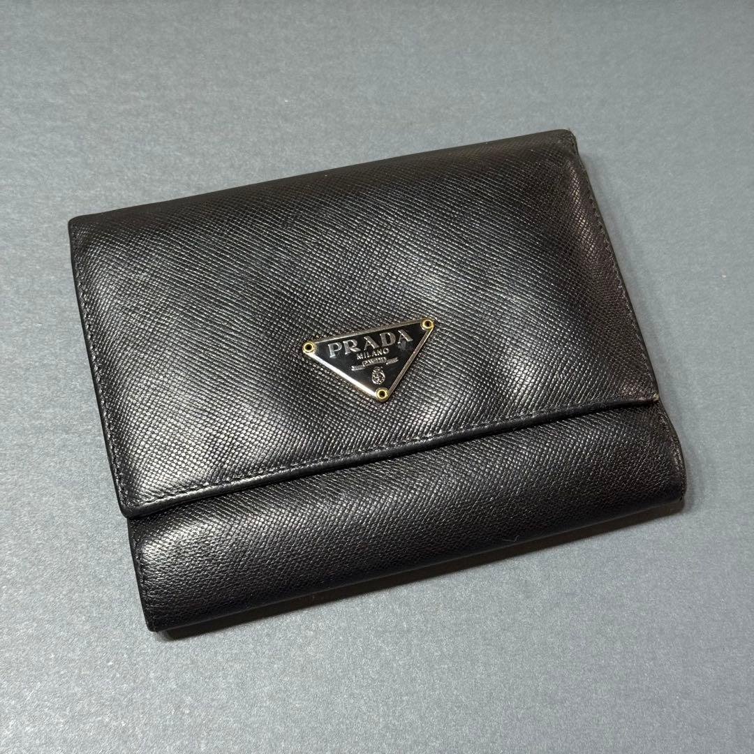PRADA プラダ◆黒ブラック◆折財布◆三角ロゴ ◆フルレザー