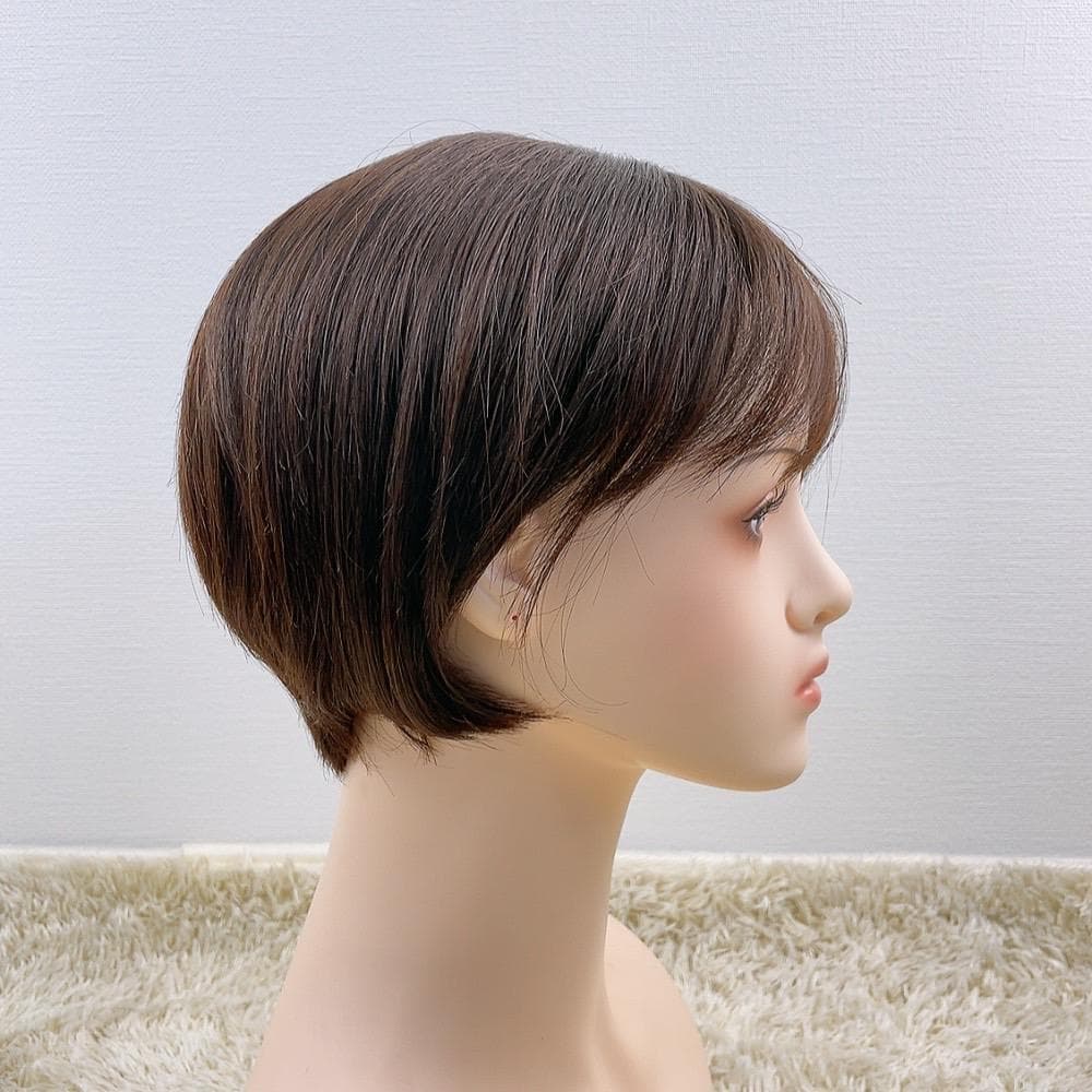 人毛100%フルウィッグ 医療用 ショートヘア ストレート 茶髪 ダークブラウン