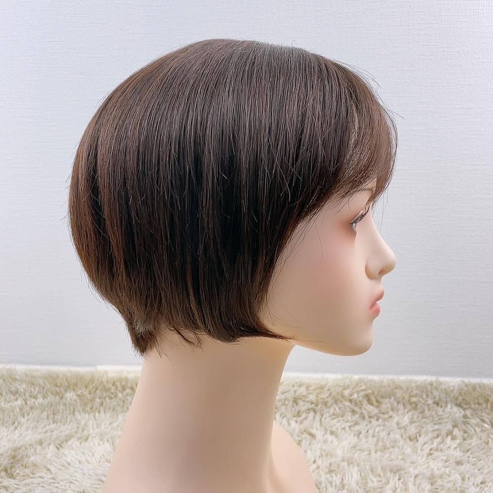 人毛100%フルウィッグ 医療用 ショートヘア ストレート 茶髪 ダークブラウン