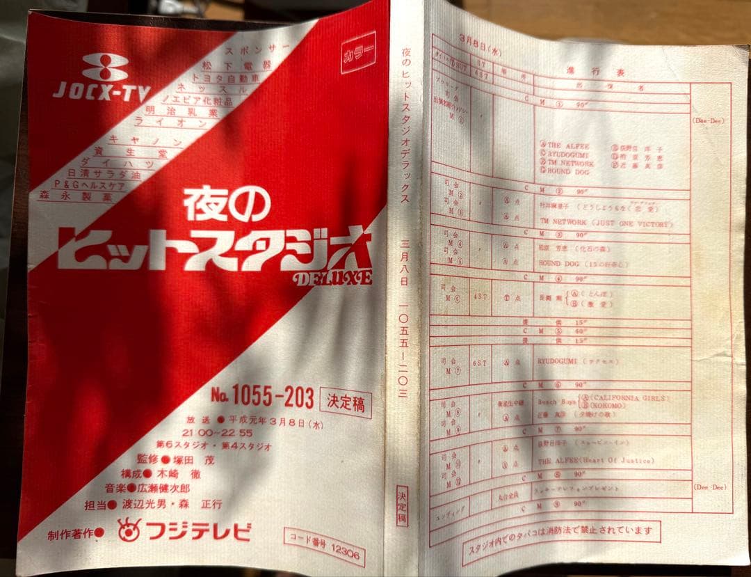 夜のヒットスタジオ台本1989/3/8 近藤真彦、ALFEE、長渕剛、柏原芳恵他