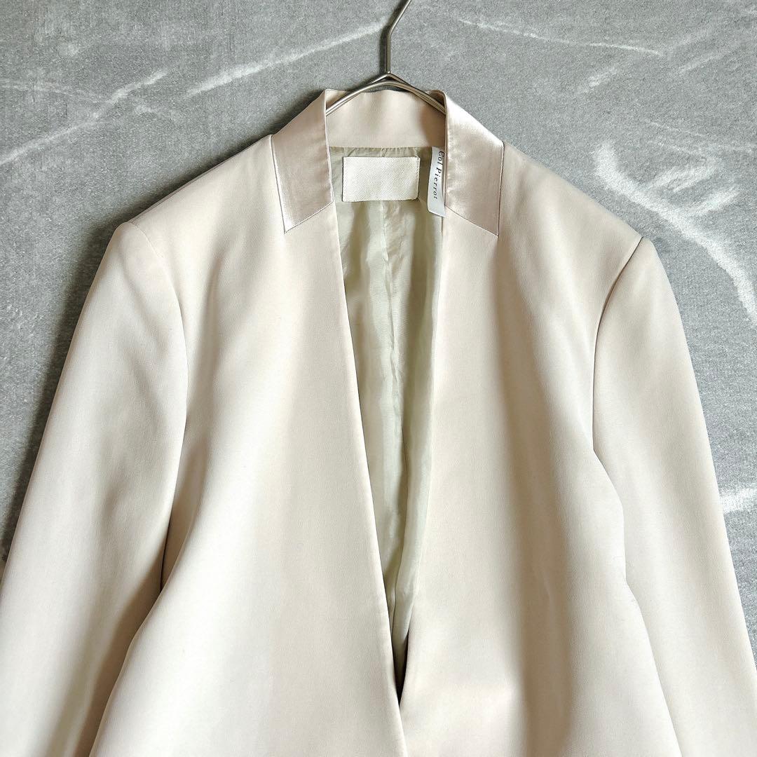 美品⁂コルピエロ⁂ノーカラージャケット　サテン切り替　1B アイボリー　S〜M