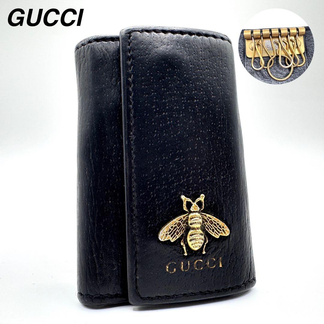 良品✨グッチ　キーケース　6連　アニマリエ　ビー　キーリング　金ロゴ　レザー　黒