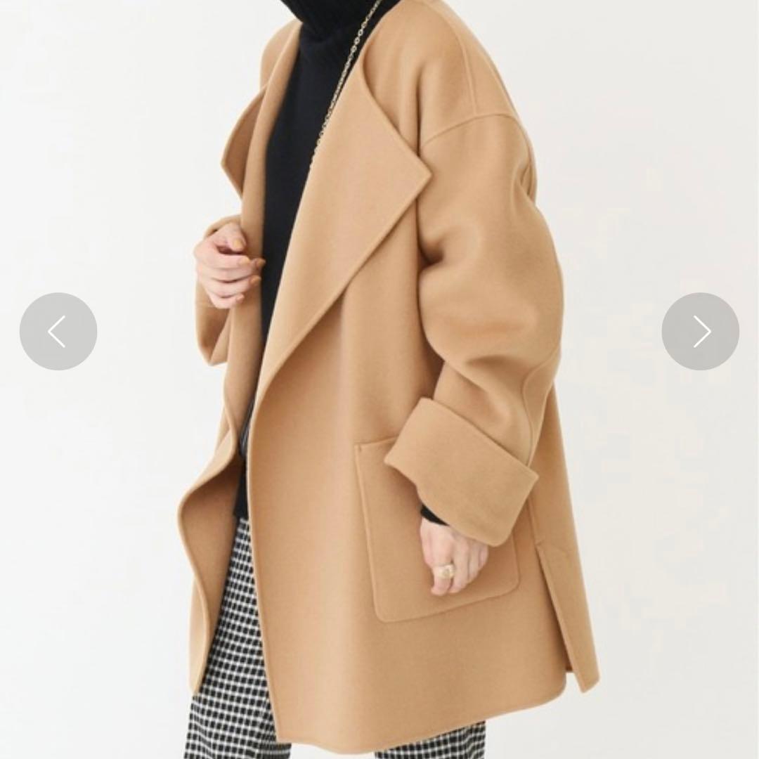 スピックアンドスパン ウールノーカラーミドル丈コート リバーコート キャメル M