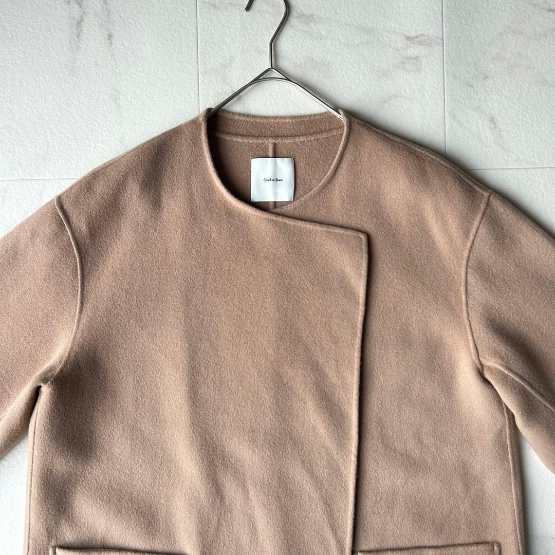 スピックアンドスパン ウールノーカラーミドル丈コート リバーコート キャメル M