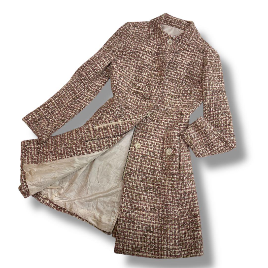 美品 マックスマーラ 1814 アルパカ モヘア ツイード　ロングコート ピンク