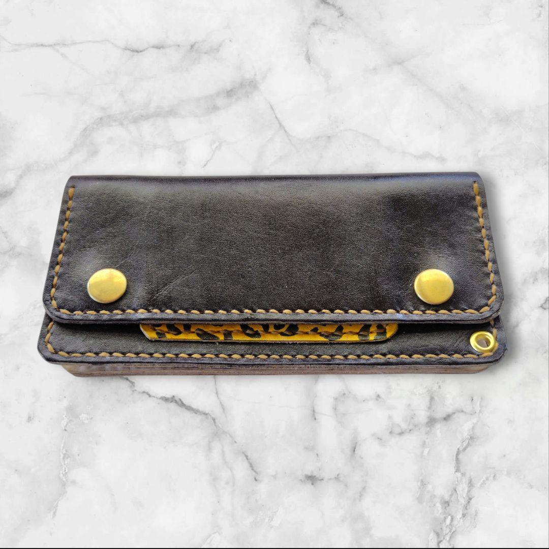 トラッカーウォレット 手染め 黒×豹柄