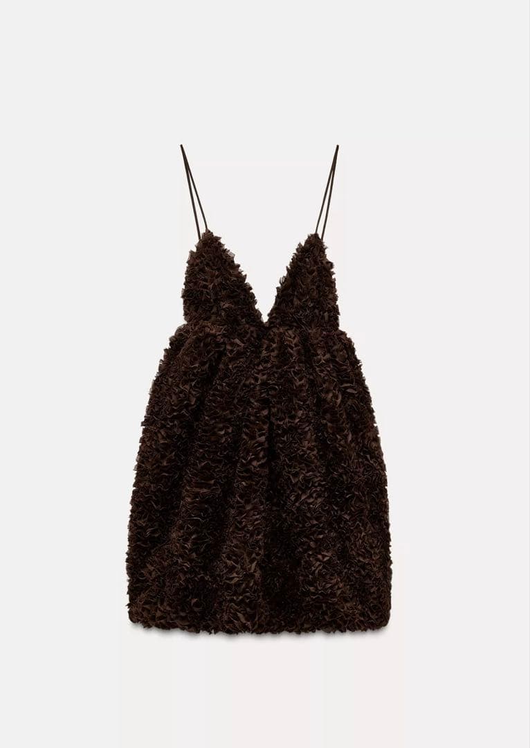 【ZARA】 ボリュームメッシュワンピース S ブラウン