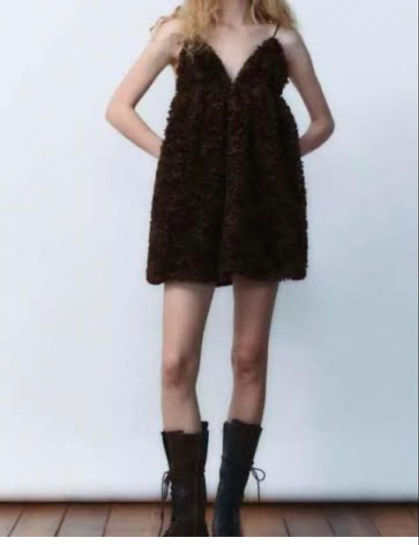 【ZARA】 ボリュームメッシュワンピース S ブラウン