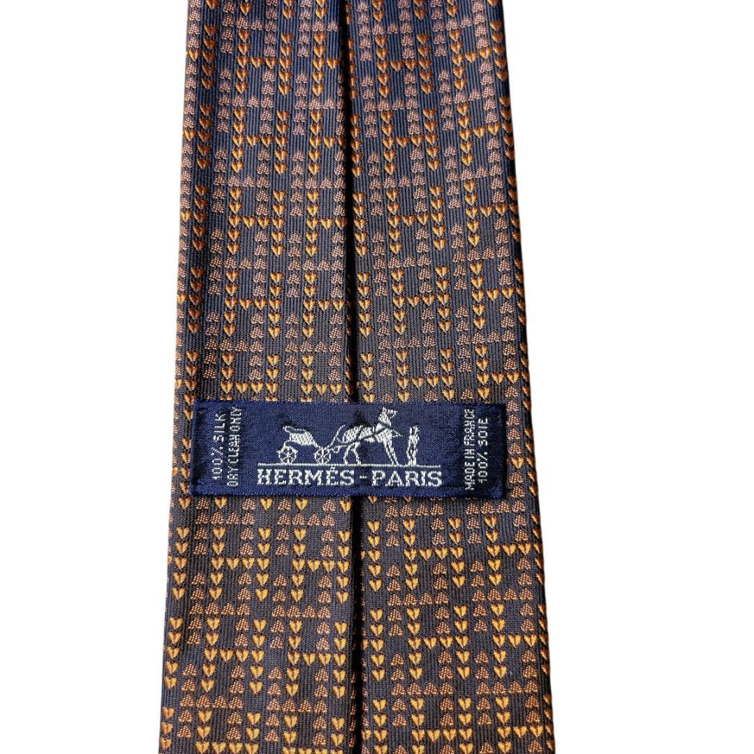 【美品】HERMES エルメス シルクネクタイ ハート総柄 ブラウン ファソネ