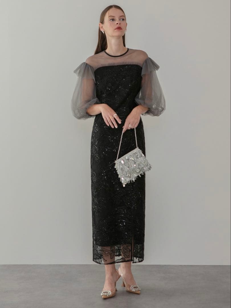 フラワースパンコールシアーフリルスリーブIラインワンピースドレス結婚式パーティー