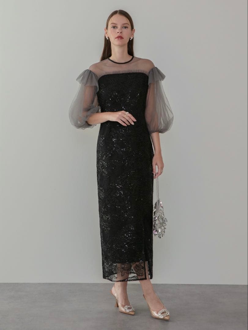 フラワースパンコールシアーフリルスリーブIラインワンピースドレス結婚式パーティー