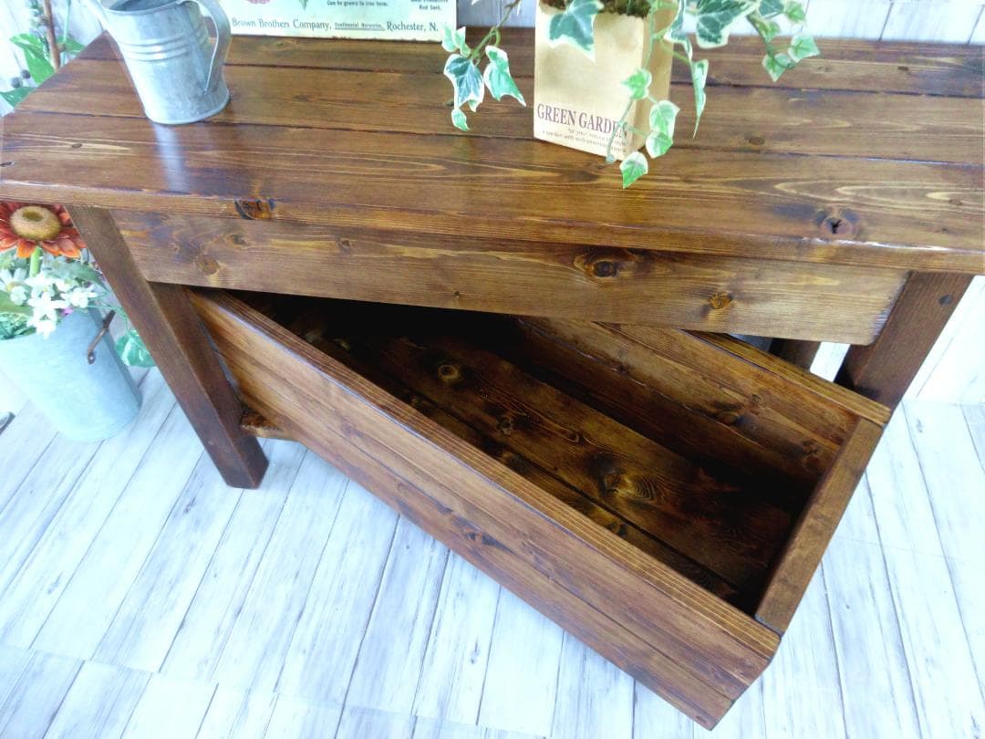 ハンドメイド ショートベンチ 収納ボックス (ダークチーク色)