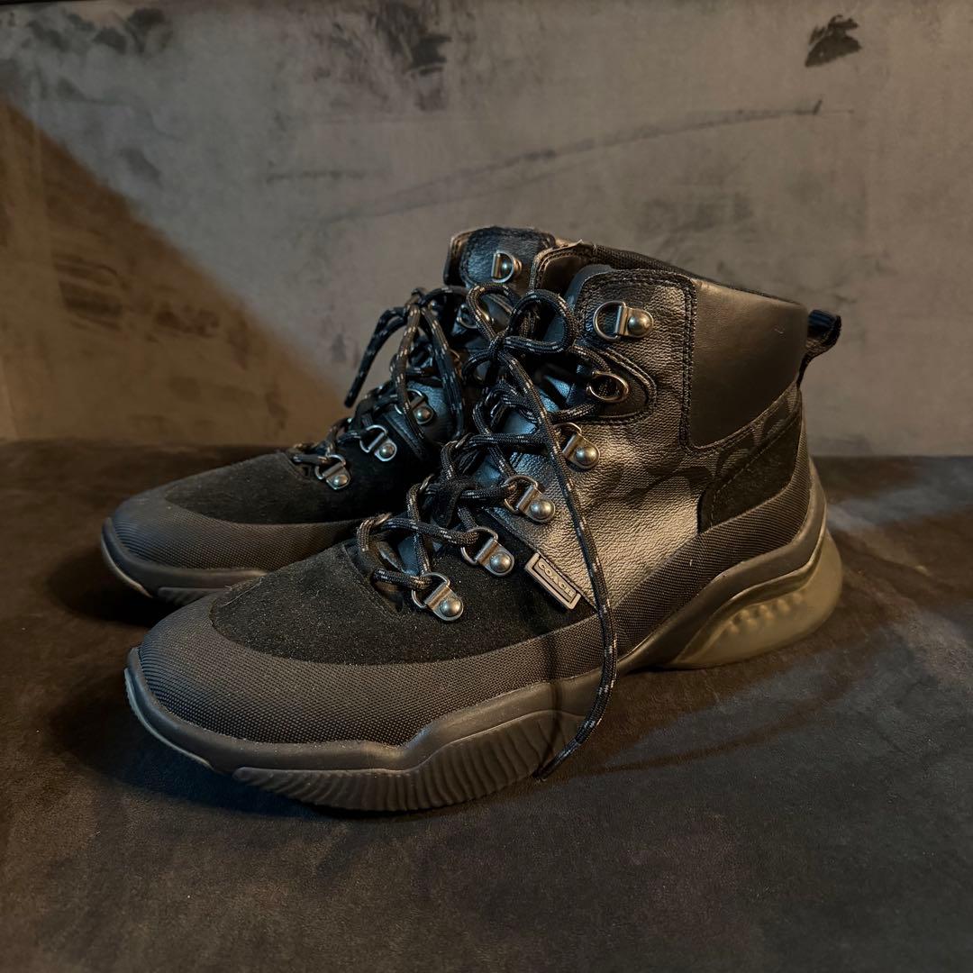 coachハイカットブラックシグネチャーレザースニーカー41約26.5cmブーツ