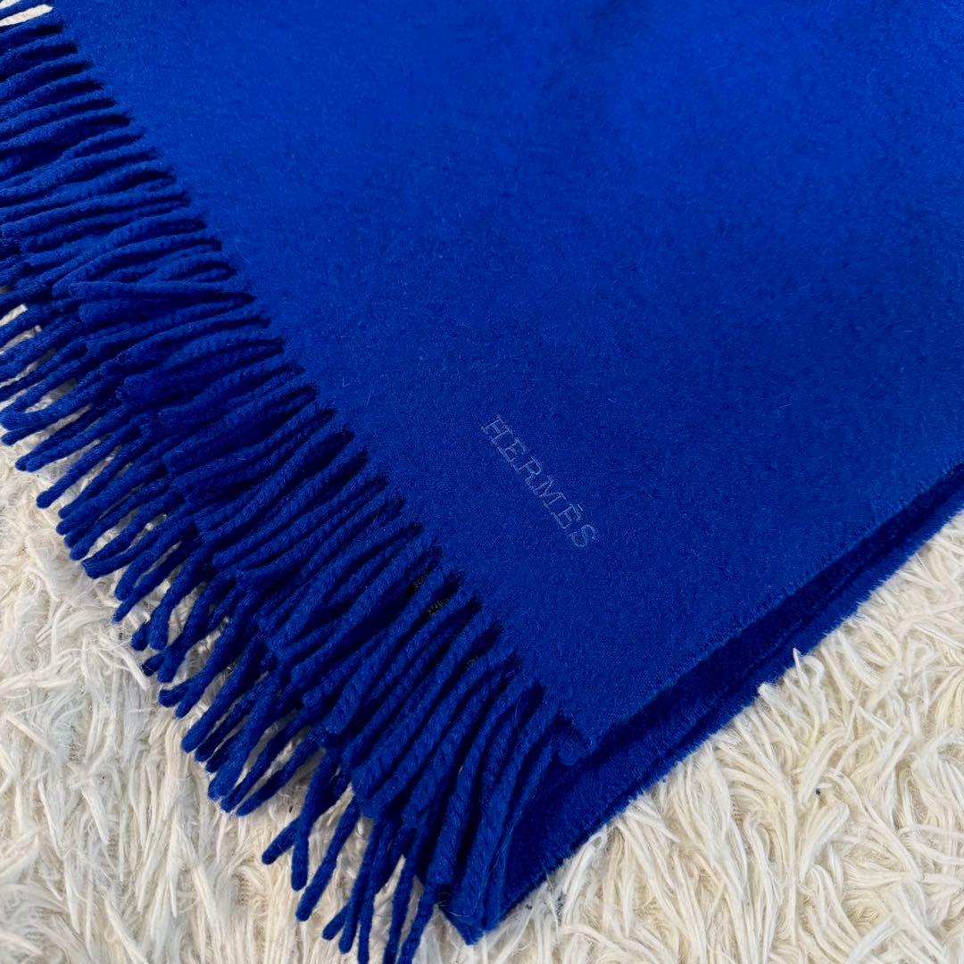【美品】エルメス　カシミヤ100 フリンジ　マフラー　ブルー