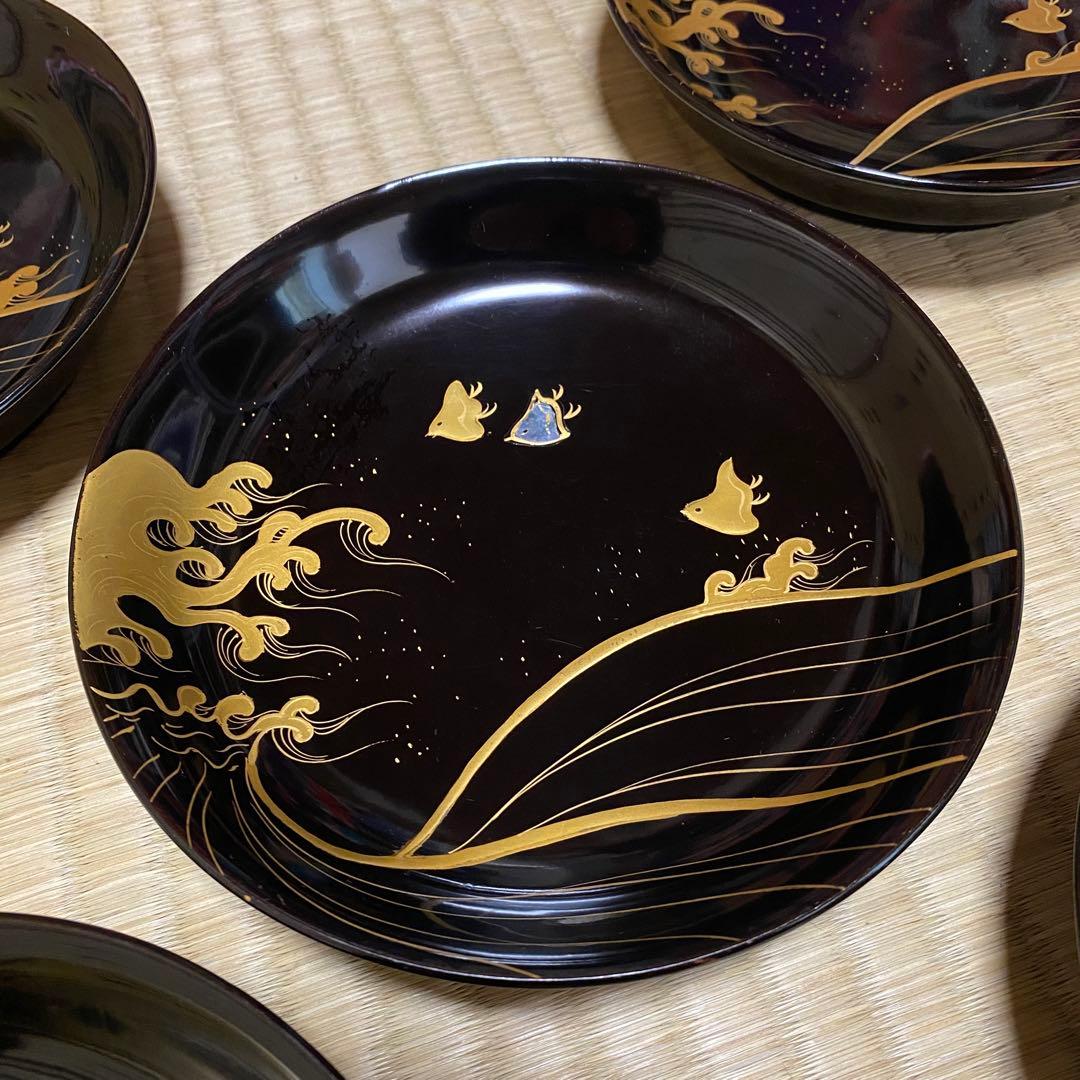 ◆時代 輪島塗 波千鳥 蒔絵 螺鈿細工 16cm皿 五客 銘々皿 菓子器