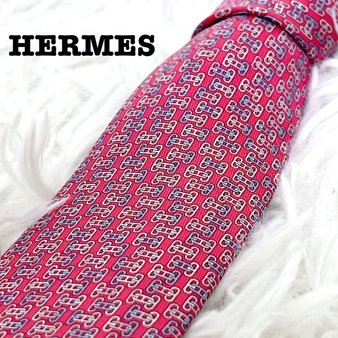 小物 HERMES Silk Tie Pink H Logo Pattern