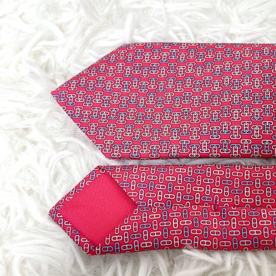 小物 HERMES Silk Tie Pink H Logo Pattern