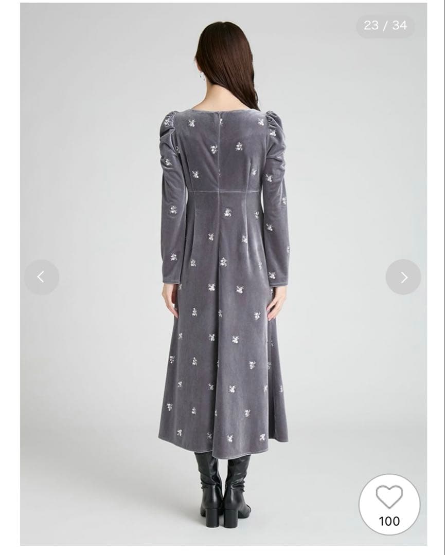 CELFORD 花柄刺繍 ベロアワンピース GRY 36