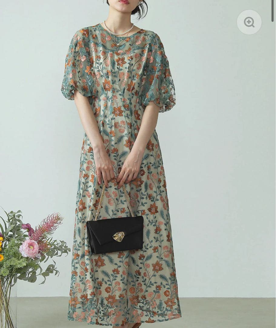 Mサイズ　パフスリーブ フラワー刺繍 フェミニン パーティー ドレス