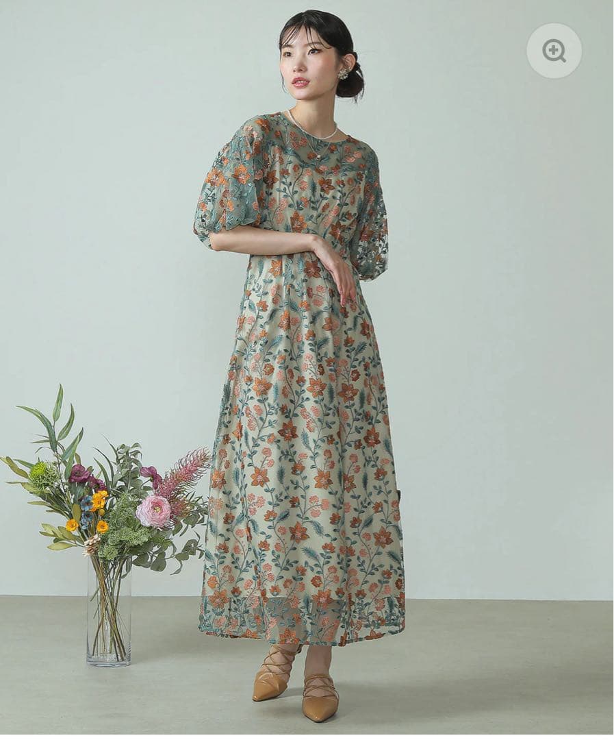 Mサイズ　パフスリーブ フラワー刺繍 フェミニン パーティー ドレス